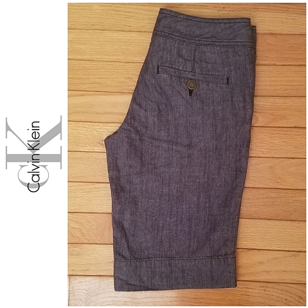 Calvin Klein 100% Cotton Grey Chambray Bermuda Shorts Cuffed Hem Size 2